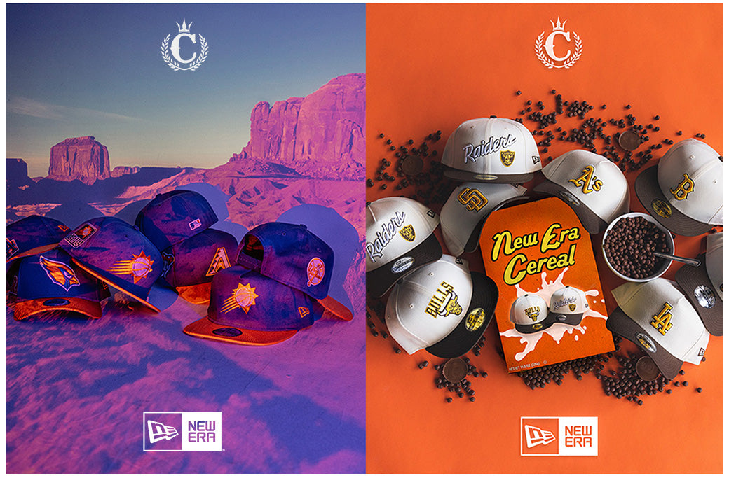 Creative flatlays of New Era headwear exclusive to Culture Kings. Showcasing flat brim vs curved brim headwear