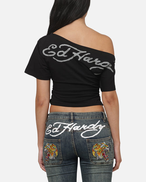 Ed Hardy Women's Off Shoulder T-Shirt Black
