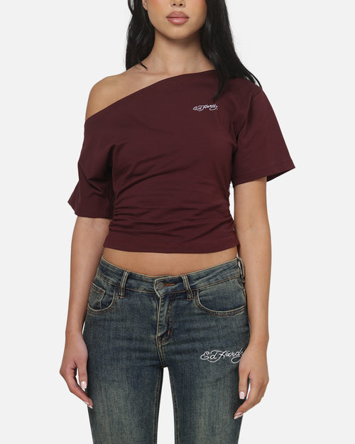 Ed Hardy Women's Off Shoulder T-Shirt Plum