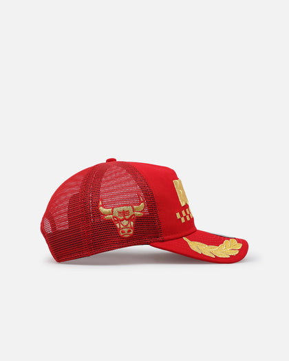 New Era Chicago Bulls 'Podium Pack' Pre-Curved Golfer Trucker Snapback Scarlett/Metallic Gold