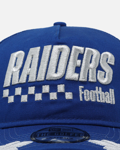 New Era Las Vegas Raiders 'Podium Pack' Pre-Curved Golfer Trucker Snapback Light Royal/Metallic Gold