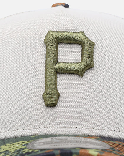 New Era Pittsburgh Pirates "Camo Visor" 9FORTY A-Frame Trucker Snapback Stone/Olive