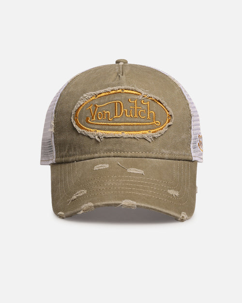 Von Dutch Destroyed Twill Trucker Snapback Washed Khaki