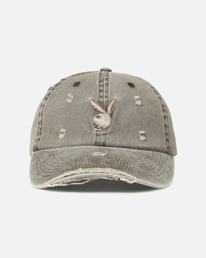 Playboy Distressed Twill Embroidered Strapback Dad Hat Brown/Tan