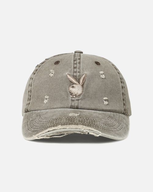 Playboy Distressed Twill Embroidered Strapback Dad Hat Brown/Tan