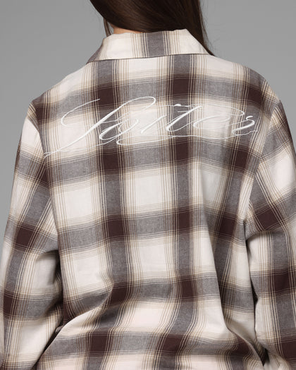 Loiter Heaven Distressed Flannel Button Up Shirt Brown/Beige