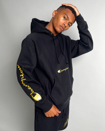 Champion Men's Reverse Weave Script Hood Black/Gold Culture Kings