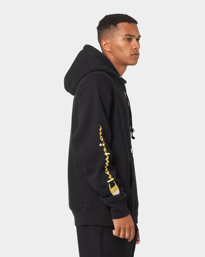 Champion Men's Reverse Weave Script Hood Black/Gold Culture Kings