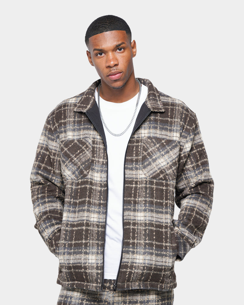 XXIII Vitus Zip Up Flannel Shacket Brown | Culture Kings