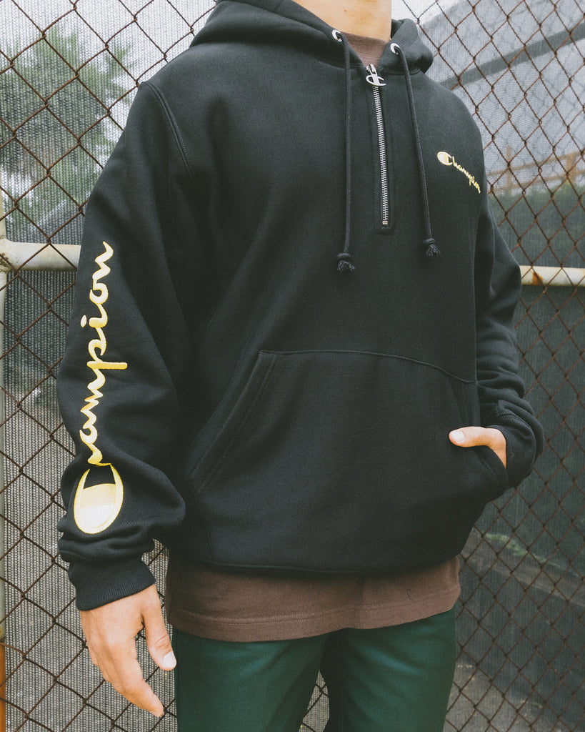 Champion Reverse Weave Quarter Zip Hoodie Black/Gold | Culture Kings