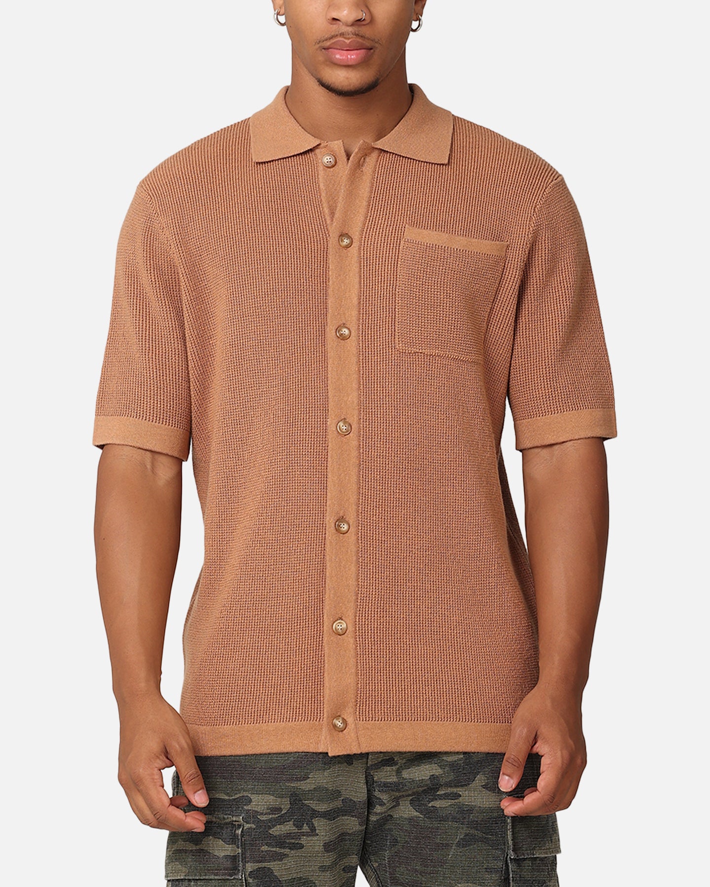 XXIII Zyair Knit Rib Button Up Shirt Mocha | Culture Kings