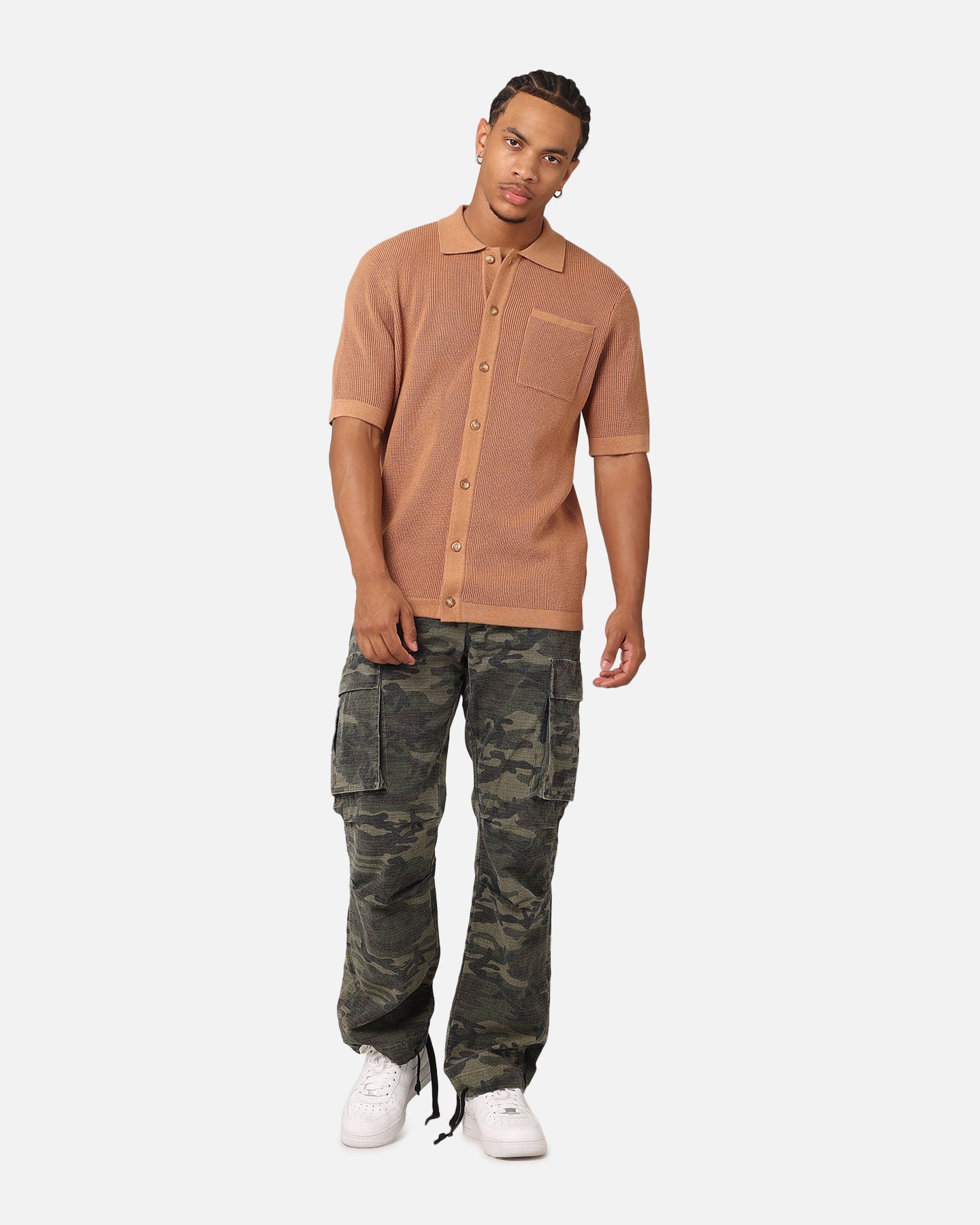 XXIII Zyair Knit Rib Button Up Shirt Mocha | Culture Kings