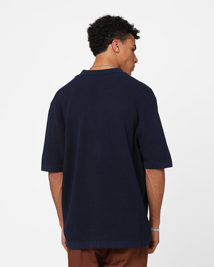 XXIII Zyair Knit Rib Button Up Shirt Navy