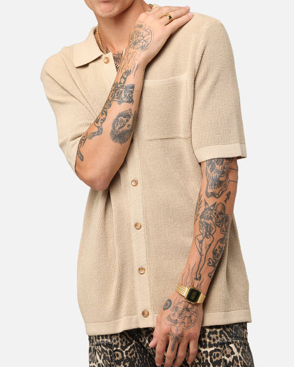XXIII Zyair Knit Rib Button Up Shirt Tan