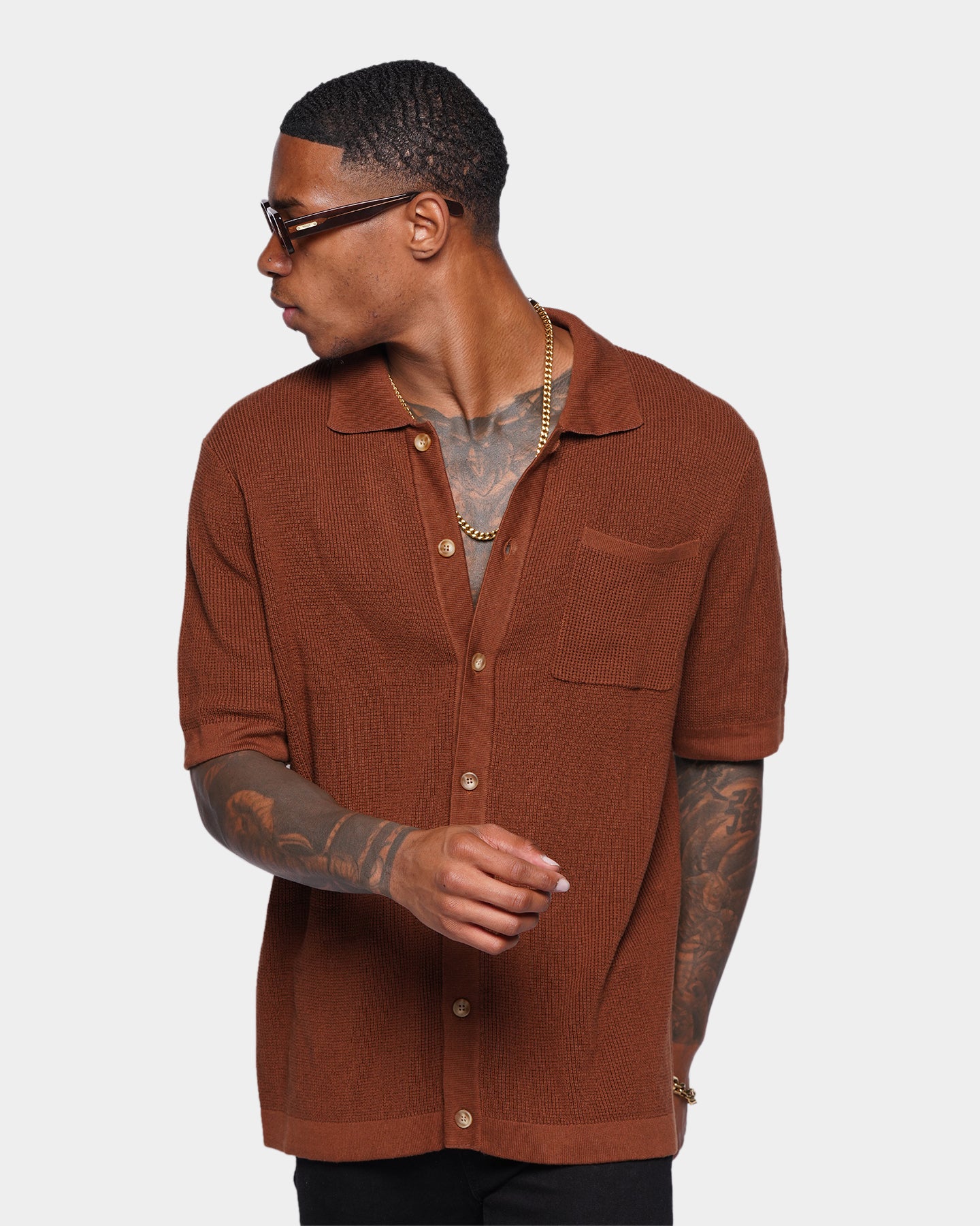 XXIII Zyair Knit Rib Button Up Shirt Brown | Culture Kings