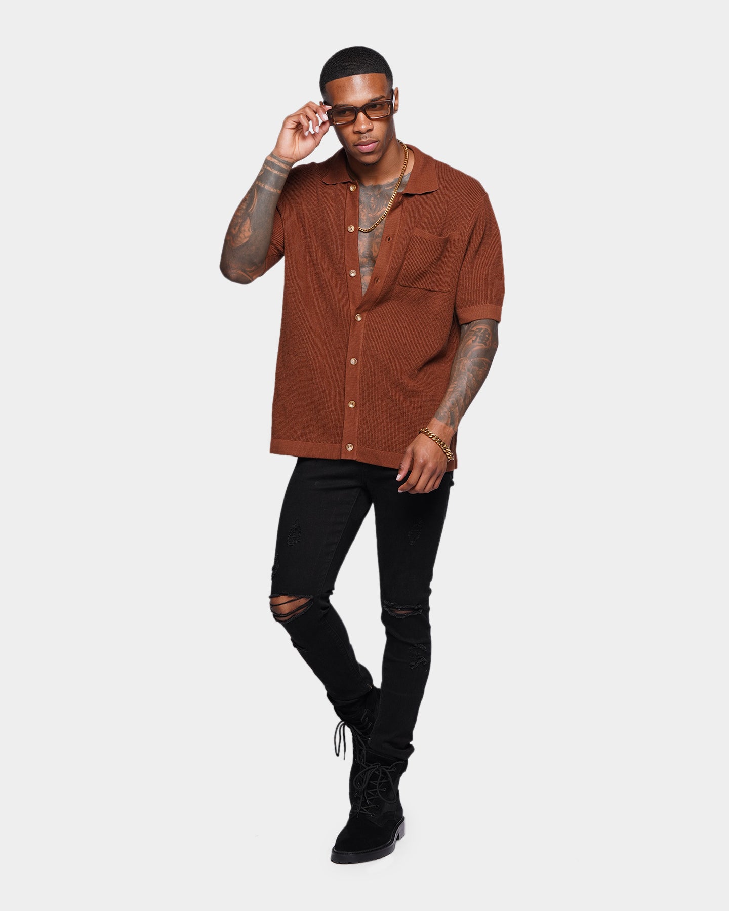 XXIII Zyair Knit Rib Button Up Shirt Brown | Culture Kings