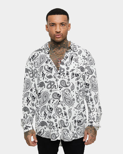 Saint Morta Paisley Skulls Long Sleeve Button Up Shirt White/Black