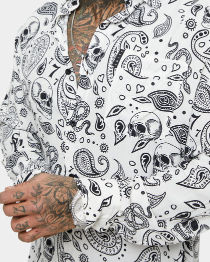 Saint Morta Paisley Skulls Long Sleeve Button Up Shirt White/Black