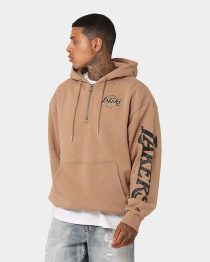 New Era Los Angeles Lakers Quarter Zip Sleeve Script Hoodie Khaki/Black