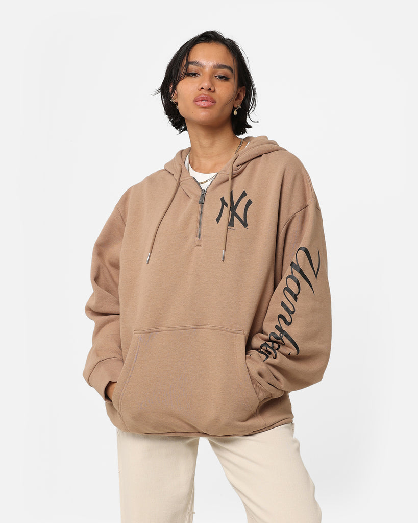 New Era New York Yankees Quarter Zip Sleeve Script Hoodie Khaki/Black | Culture  Kings