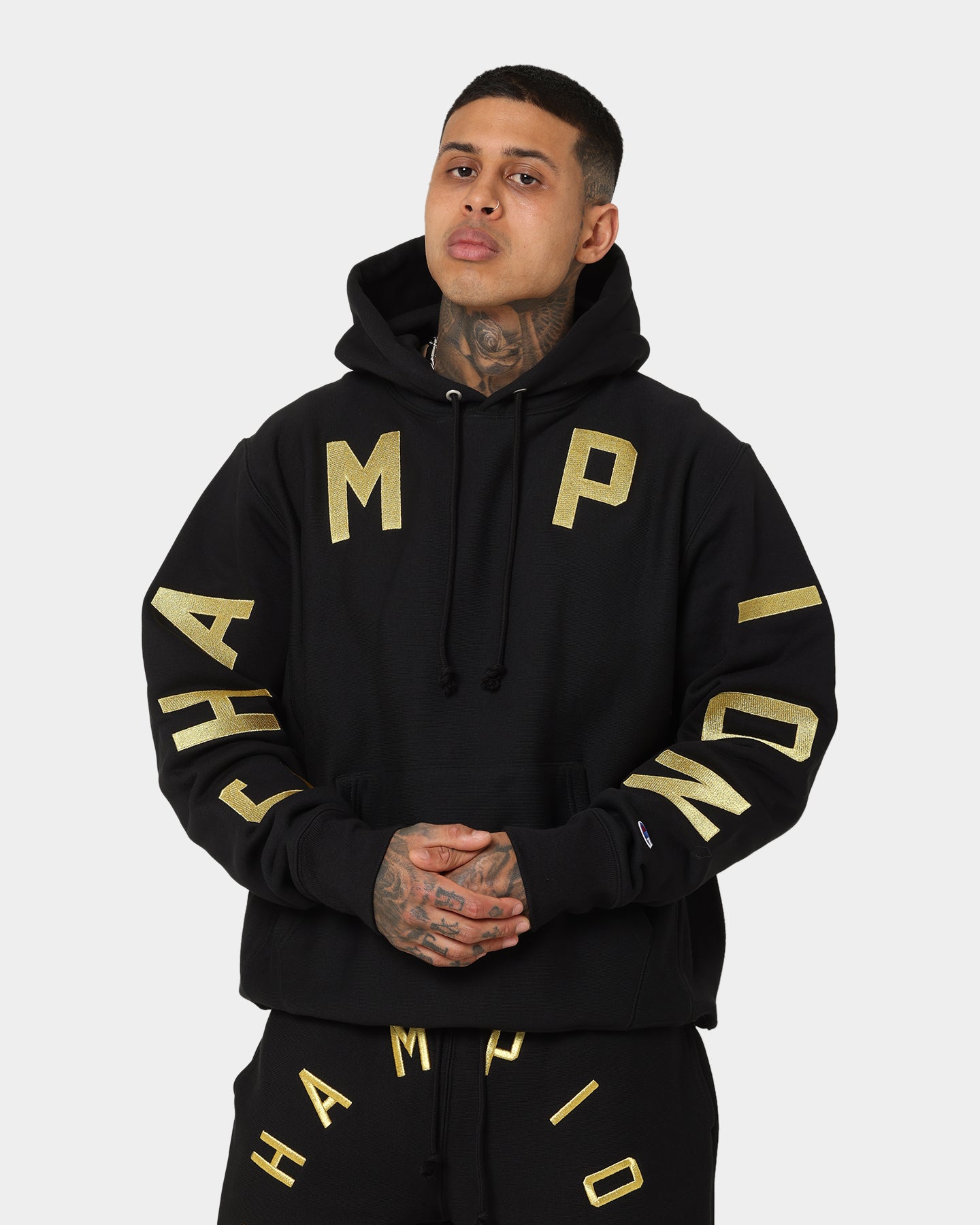 Champion Reverse Weave Large Arch Hoodie Black/Gold | Culture Kings