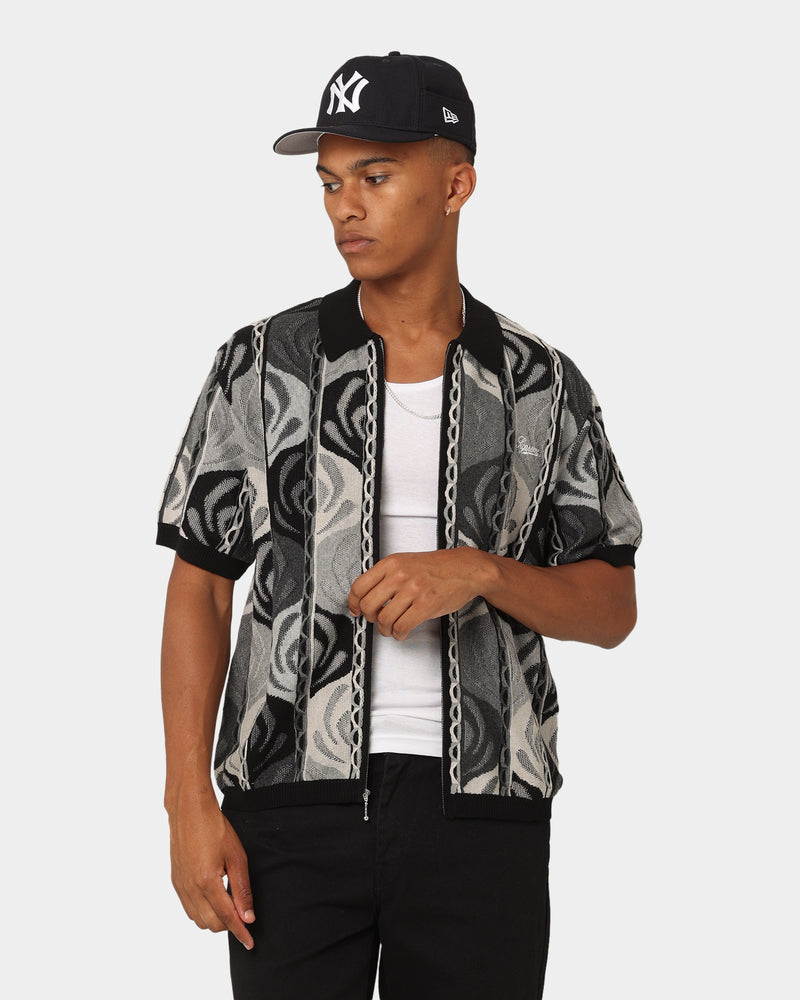 Supreme Abstract Textured Zip Up Polo Shirt Black   Culture Kings
