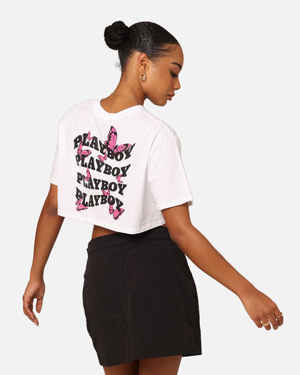 Playboy Women's Butterfly Cropped T-Shirt White