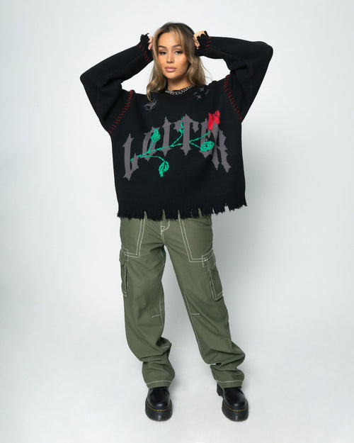 Loiter Fable Distressed Knit Sweater Black
