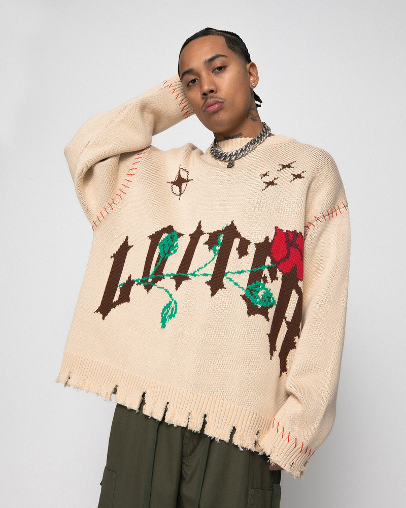 Loiter Fable Distressed Knit Sweater Stone