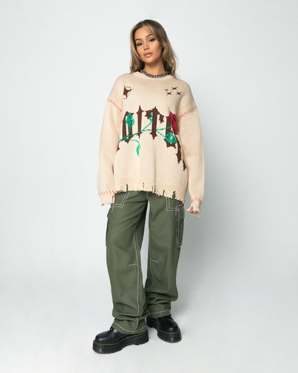 Loiter Fable Distressed Knit Sweater Stone