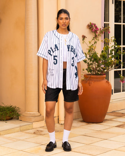 Playboy By Culture Kings Bunny Baseball Shirt Jersey White/Navy