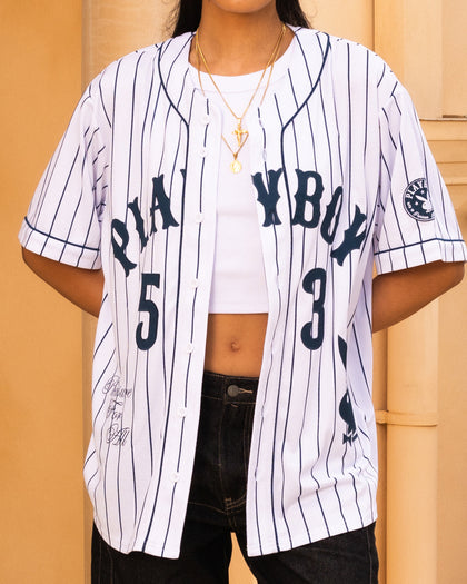 Playboy By Culture Kings Bunny Baseball Shirt Jersey White/Navy