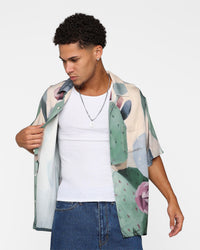 X-Large Cactus Pattern Short Sleeve Shirt Beige