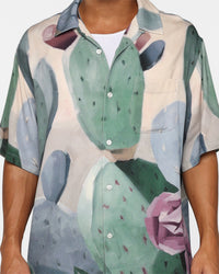 X-Large Cactus Pattern Short Sleeve Shirt Beige