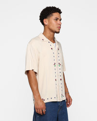 X-Large Flower Open Collar Short Sleeve Shirt Off White