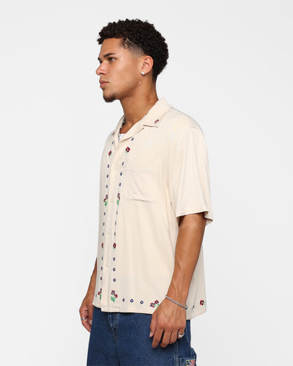 X-Large Flower Open Collar Short Sleeve Shirt Off White