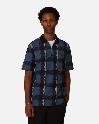 Fred Perry Glitch Tartan Zip Neck Polo Shirt Midnight Blue