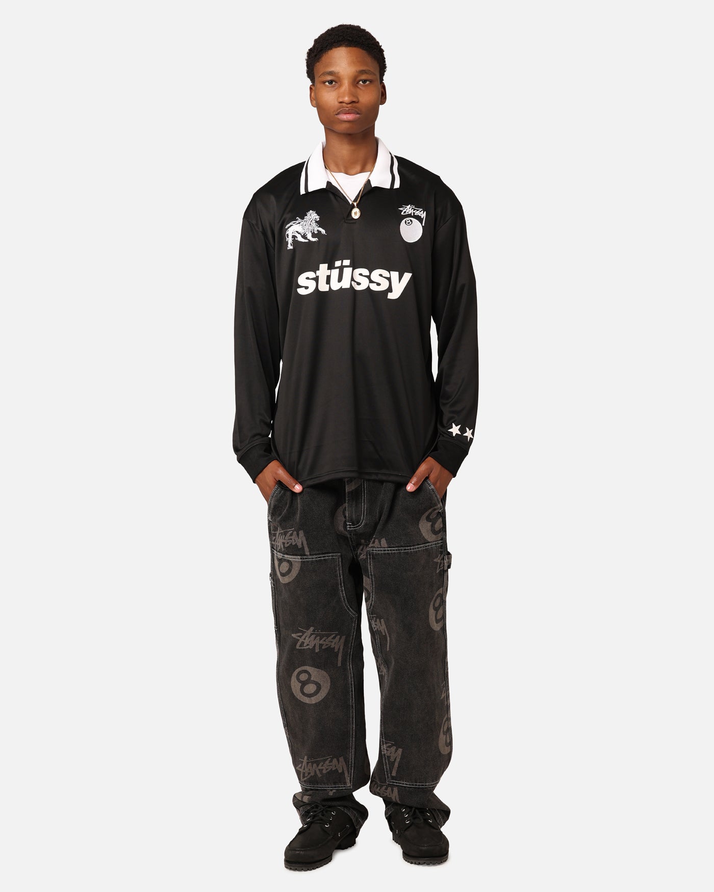 Stüssy Football Polo Long Sleeve T-Shirt Black | Culture Kings