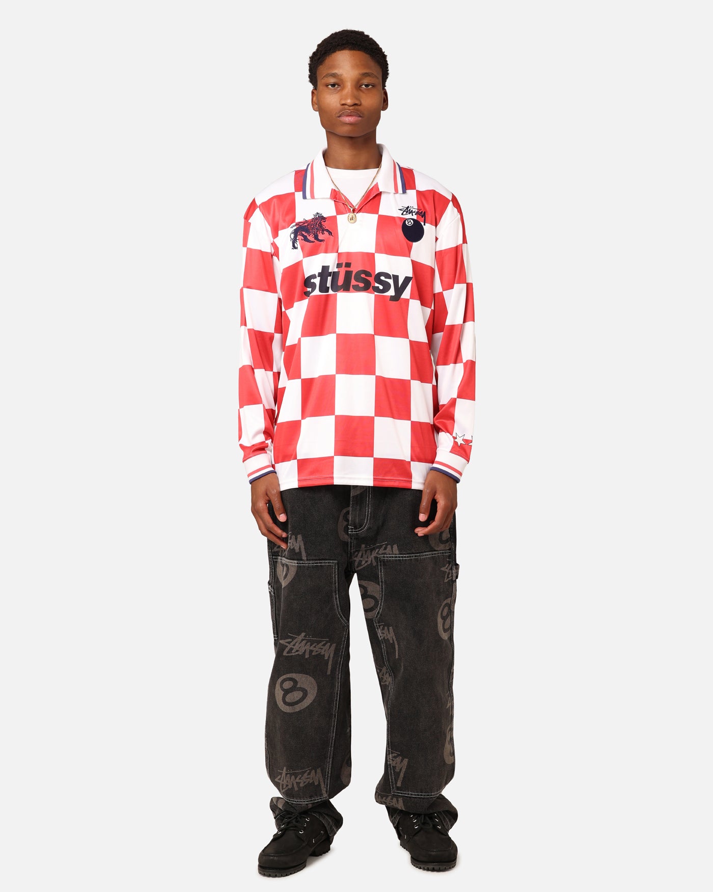 Stüssy Football Polo Long Sleeve T-Shirt White/Red Check | Culture