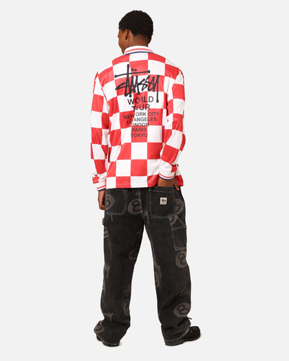 Stüssy Football Polo Long Sleeve T-Shirt White/Red Check