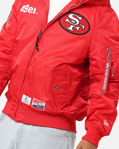 New Era San Francisco 49ers Alpha Industries L-2B Hooded Bomber Jacket Red