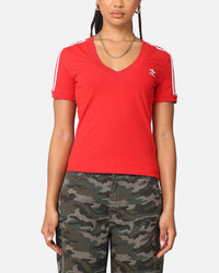 Adidas Women's 3 Stripe V-Neck T-Shirt Better Scarlet