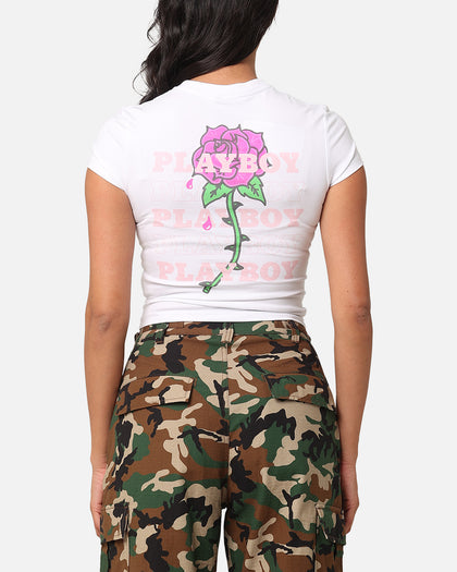 Playboy Women's Rose Stacked Baby T-Shirt White