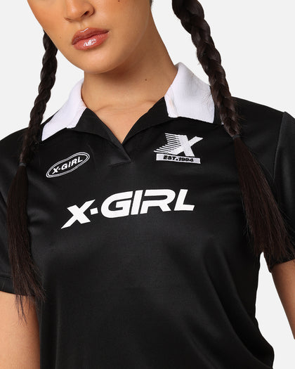 X-Girl Women's Solid Football Short Sleeve Polo Shirt Black/White