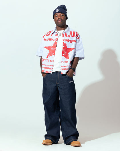 Loiter Riot Squad Button Up T-Shirt Blue Pin Stripe