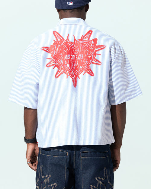 Loiter Riot Squad Button Up T-Shirt Blue Pin Stripe