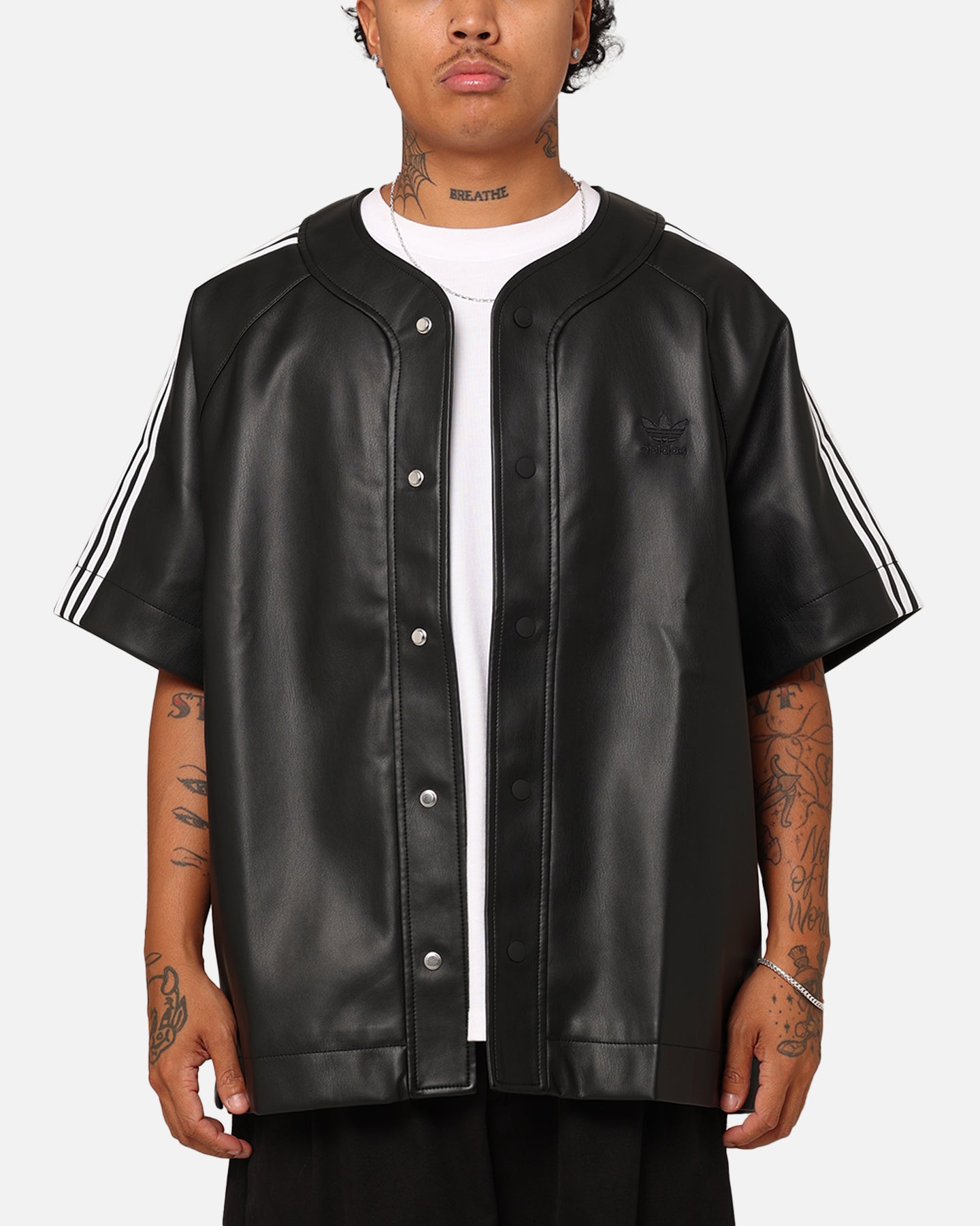 トップス adidas faux leather baseball shirt black Adidas Faux Leather Adicolour 3-Stripes Baseball T-Shirt Black