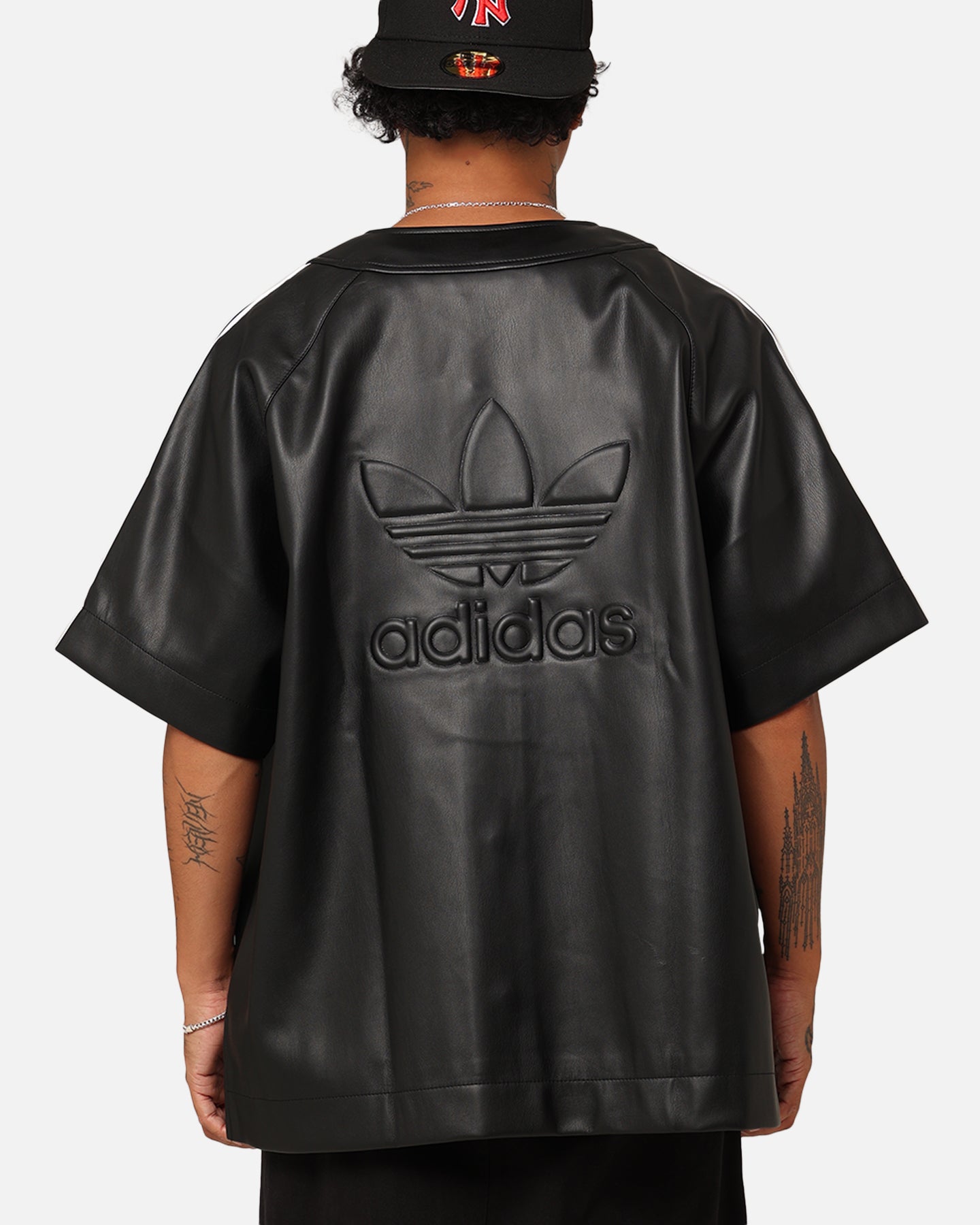 トップス adidas faux leather baseball shirt black Adidas Faux Leather Adicolour 3-Stripes Baseball T-Shirt Black