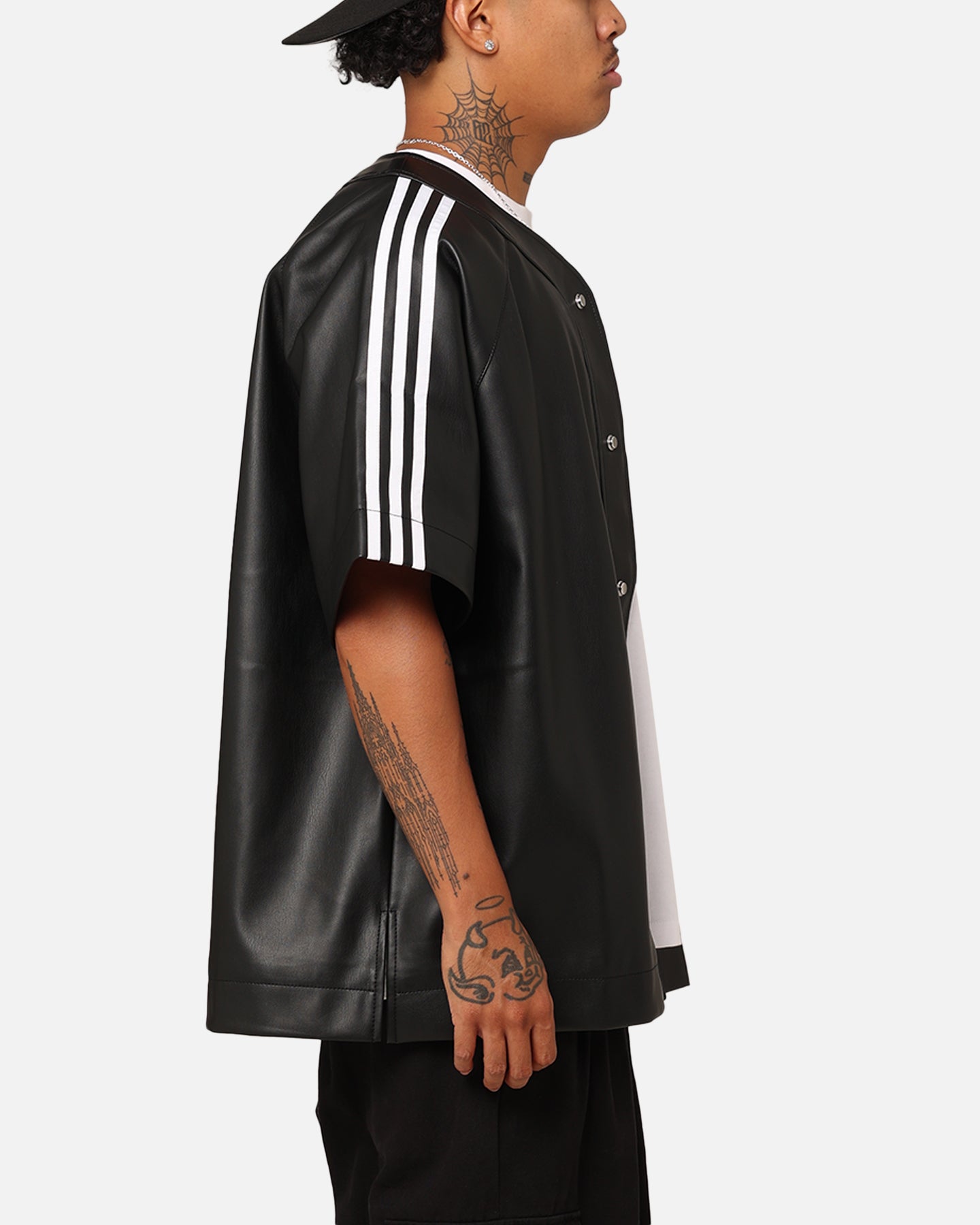 トップス adidas faux leather baseball shirt black Adidas Faux Leather Adicolour 3-Stripes Baseball T-Shirt Black