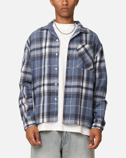 Carre Check Oversized Long Sleeve Button Up Shirt Blue-Plaid